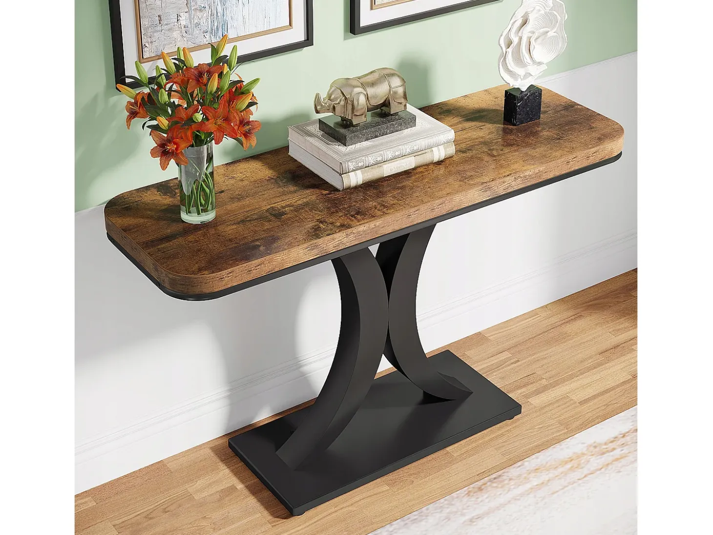 Mesa de Console Industrial, Mesa estreita de Entrada de Hall de 100 cm com Base geométrica, Mesa auxiliar de Corredor Rústica para Sala, entrada