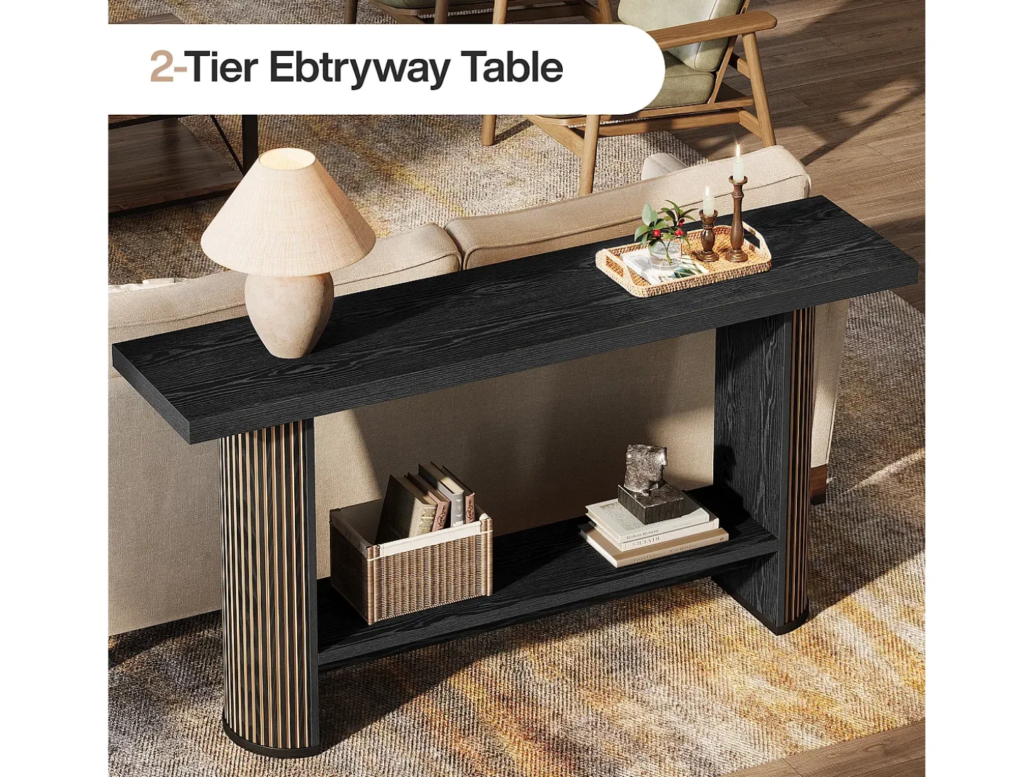 Mesa de Console Moderna 140cm, Mesa de Corredor Estreita Preta, Mesa de Sofá com 2 Prateleiras