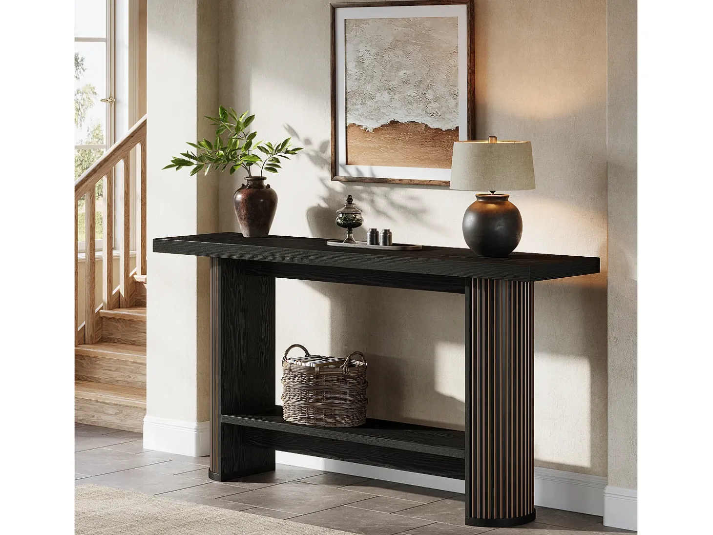 Mesa de Console Moderna 140cm, Mesa de Corredor Estreita Preta, Mesa de Sofá com 2 Prateleiras