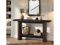 Mesa de Console Moderna 140cm, Mesa de Corredor Estreita Preta, Mesa de Sofá com 2 Prateleiras