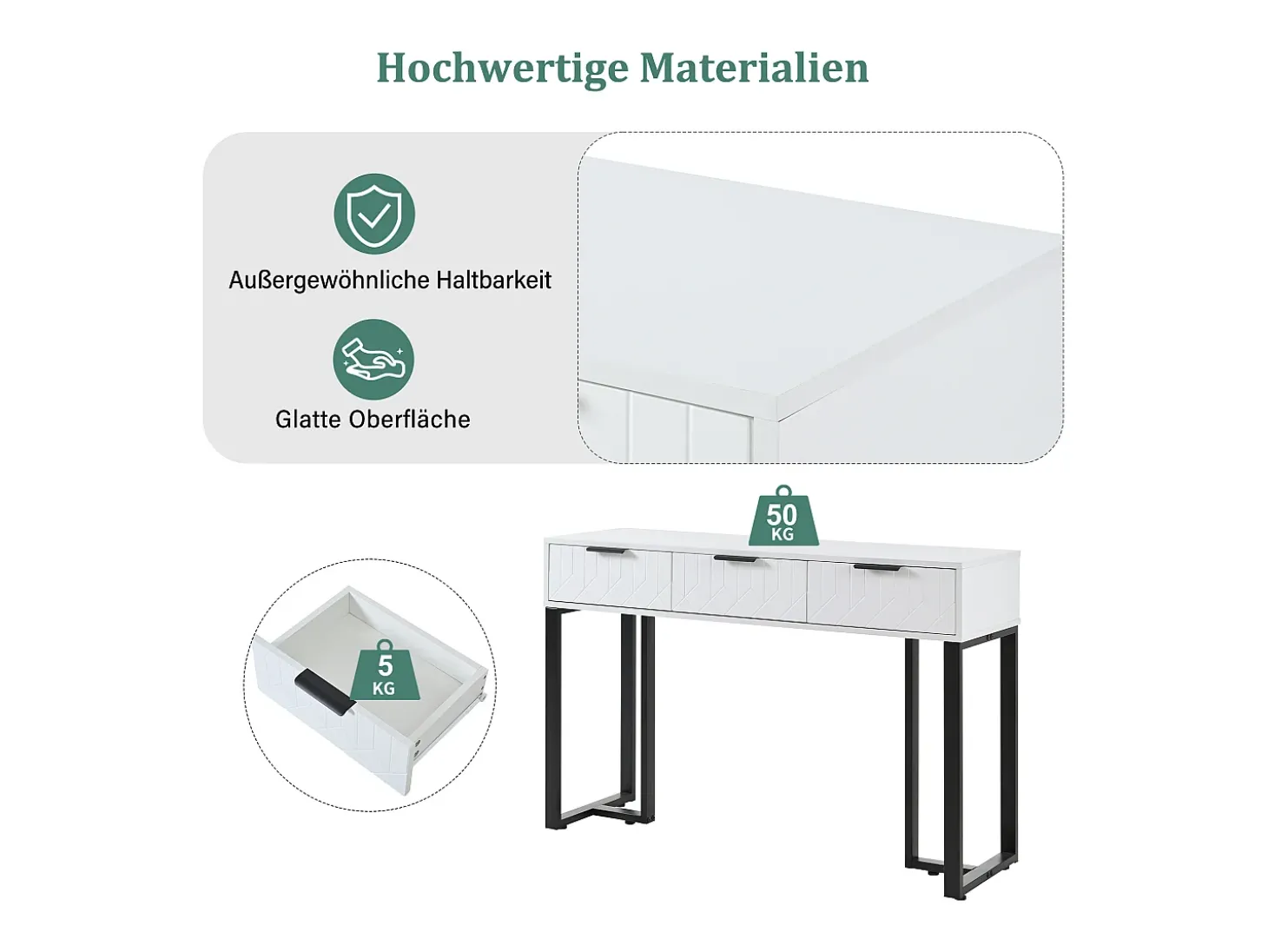 Mesa de console moderna com 3 gavetas - 120 x 36 x 80 cm - MDF - para sala, corredor - branco + preto