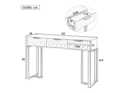 Mesa de console moderna com 3 gavetas - 120 x 36 x 80 cm - MDF - para sala, corredor - branco + preto