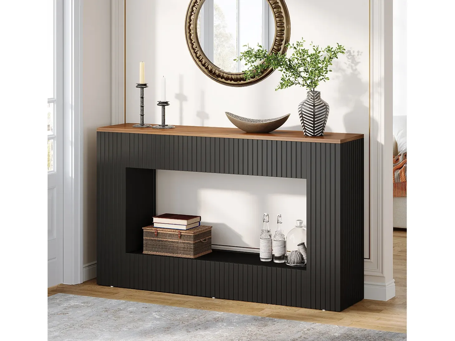Mesa de console moderna, mesa de entrada em madeira de 140 cm com armazenamento, mesa para sofá estreita e comprida