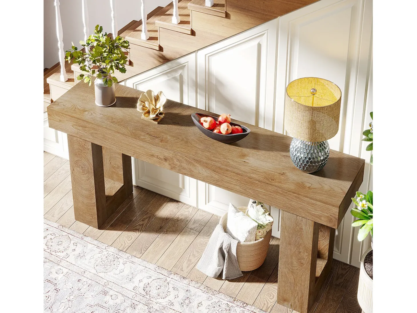 Mesa de console retangular com 160 cm de comprimento, Mesa baixa atrás do sofá para entrada (Natural)