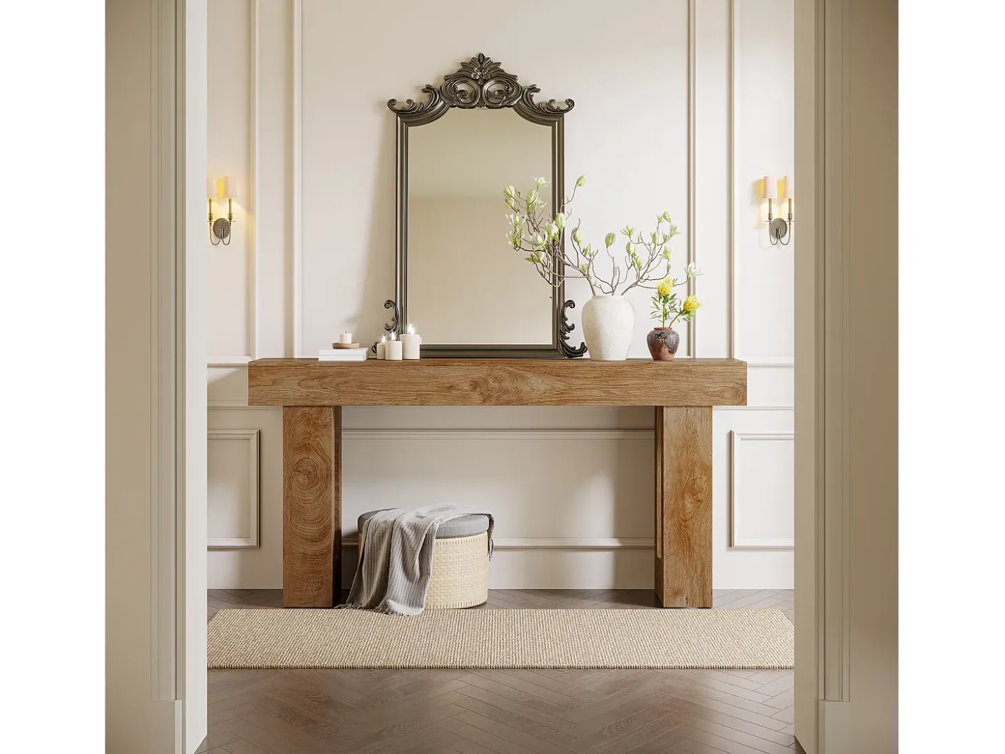 Mesa de console retangular com 160 cm de comprimento, Mesa baixa atrás do sofá para entrada (Natural)