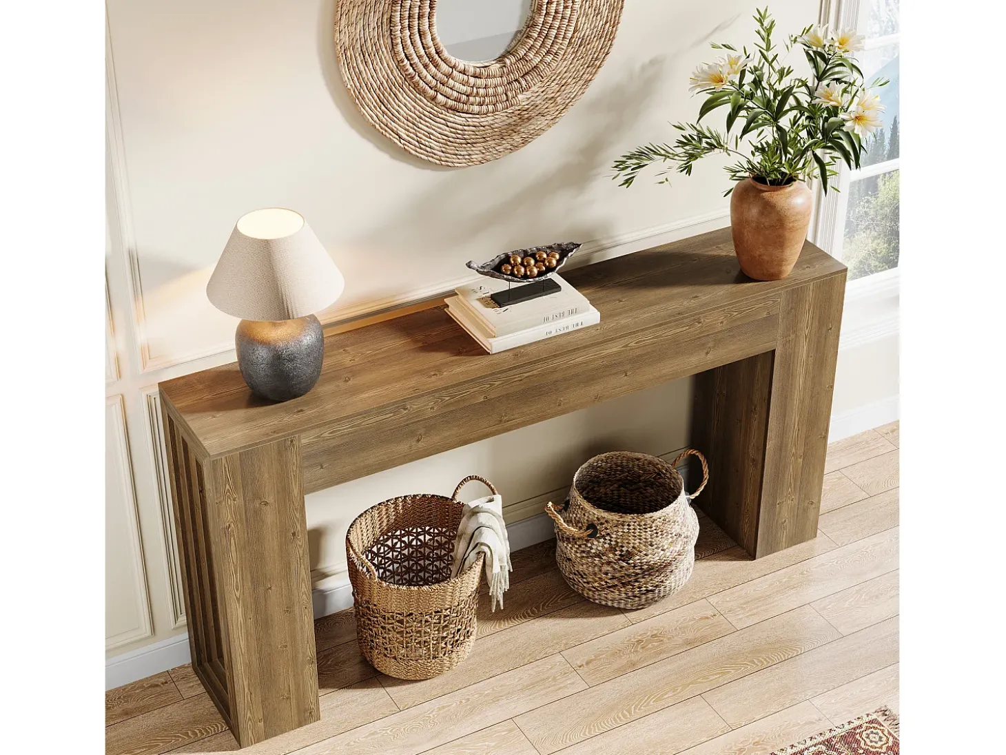 Mesa de console retangular com 160 cm de comprimento, mesa de entrada retangular atrás do sofá