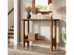 Mesa de entrada de 105 cm com espaço de armazenamento, mesa de corredor moderna de dois andares com pernas de madeira maciça para sala de estar, corredor