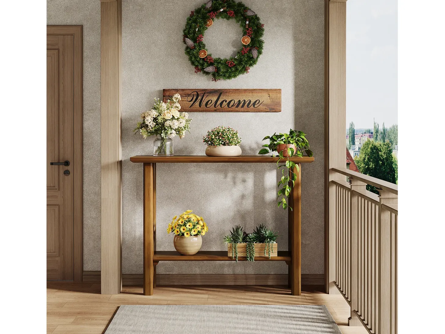 Mesa de entrada de 105 cm com espaço de armazenamento, mesa de corredor moderna de dois andares com pernas de madeira maciça para sala de estar, corredor