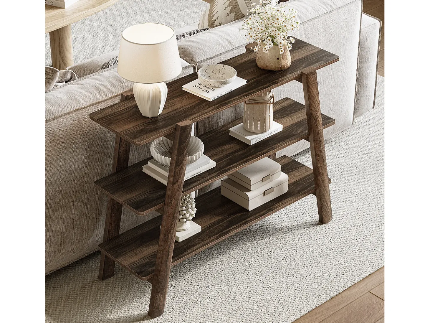 Mesa de entrada de 105 cm, Mesas de console, Mesa para sofá de 3 níveis, estreita e comprida com prateleiras de armazenamento abertas