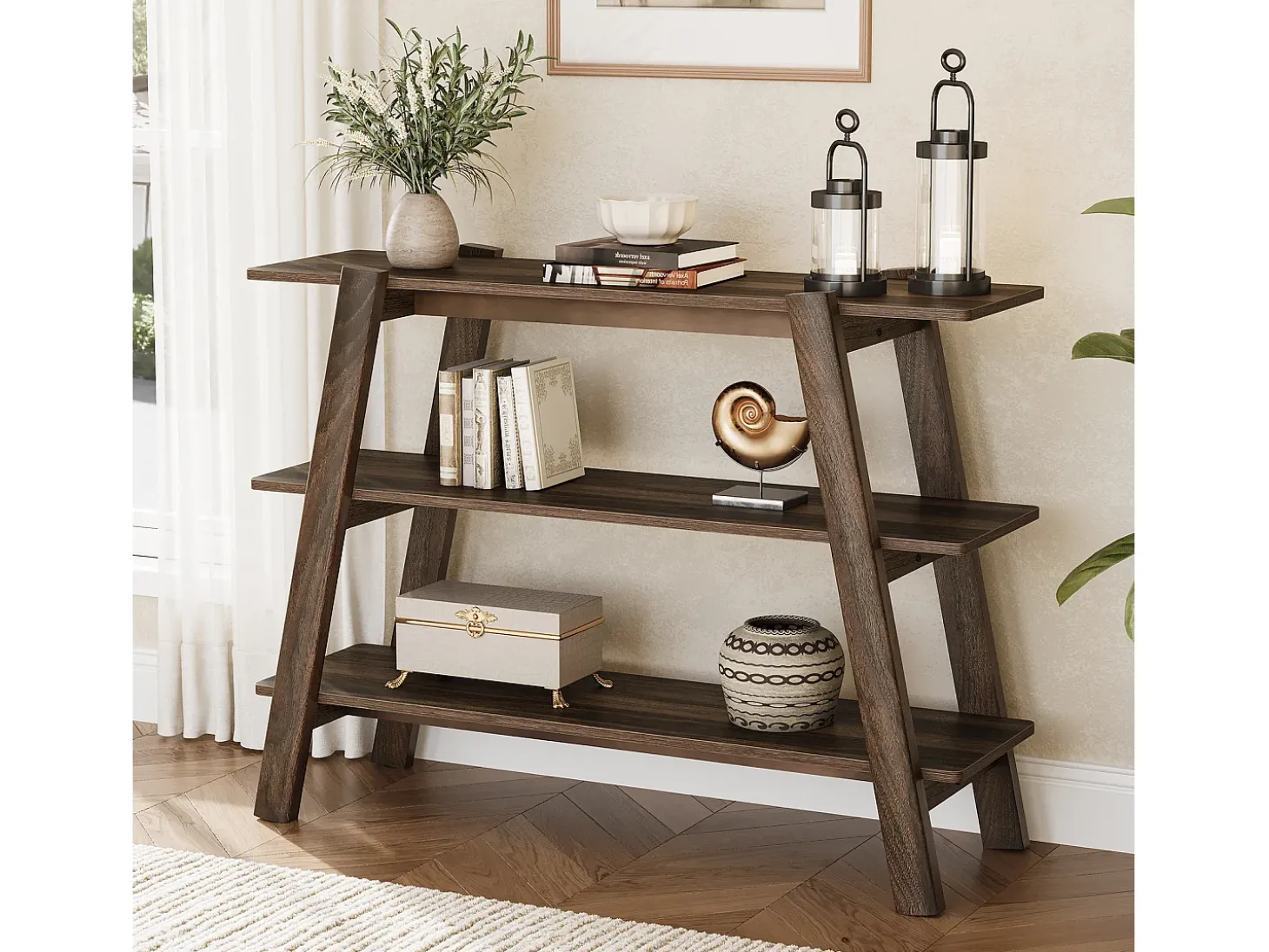 Mesa de entrada de 105 cm, Mesas de console, Mesa para sofá de 3 níveis, estreita e comprida com prateleiras de armazenamento abertas