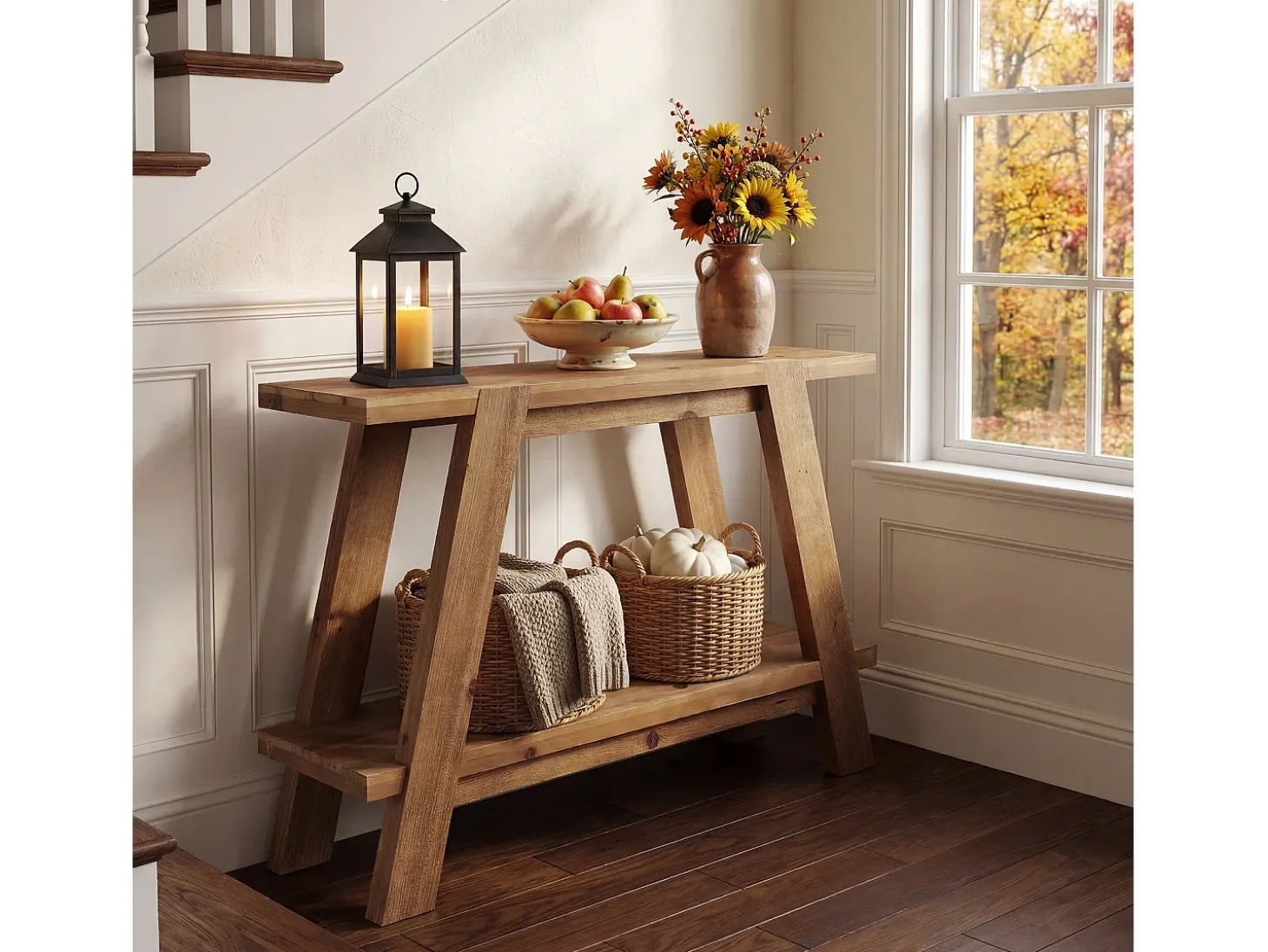 Mesa de entrada de madeira maciça de 110 cm, Mesa de console rústica de 2 níveis com armazenamento