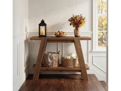 Mesa de entrada de madeira maciça de 110 cm, Mesa de console rústica de 2 níveis com armazenamento