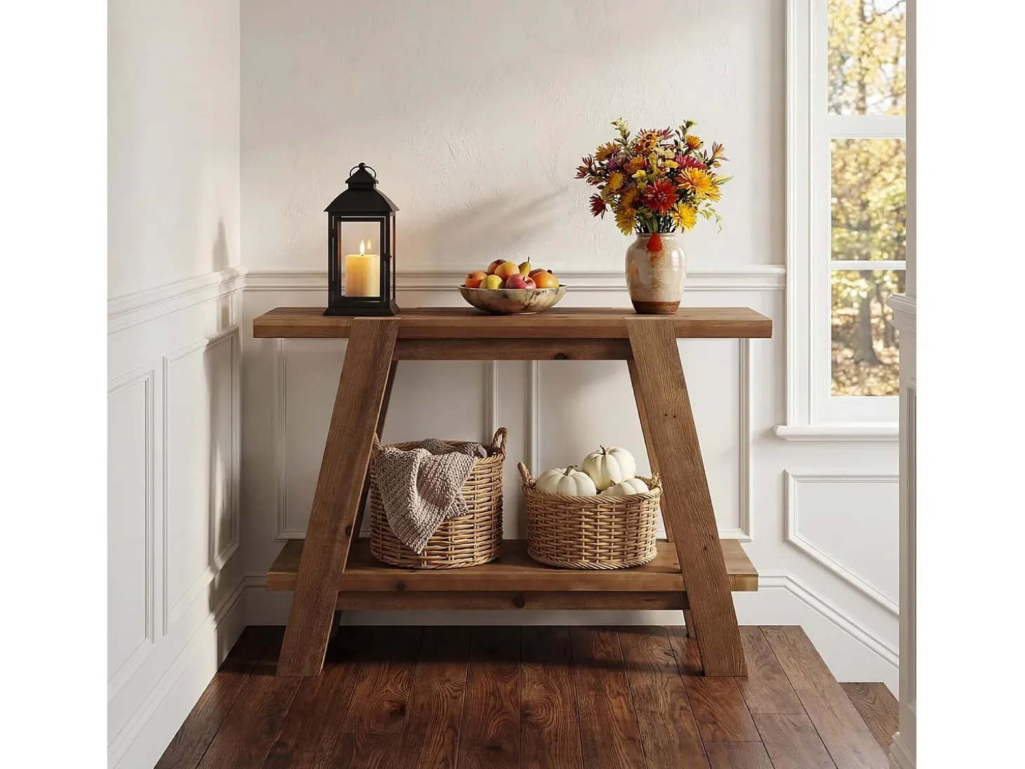 Mesa de entrada de madeira maciça de 110 cm, Mesa de console rústica de 2 níveis com armazenamento