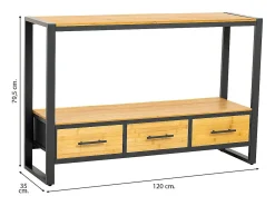 Mesa de entrada em metal e madeira com 3 gavetas, marrom