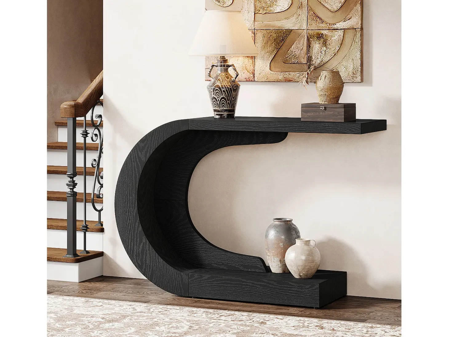 Mesa de entrada para console de 110 cm com armazenamento, mesa para trás do sofá em formato de C único em preto