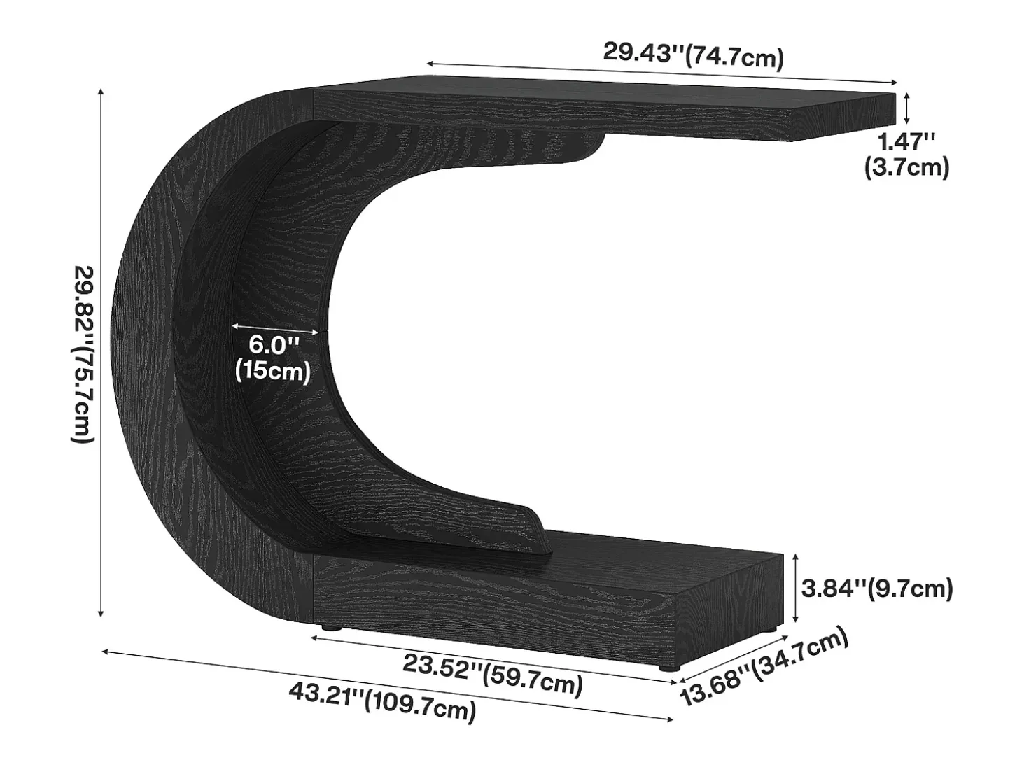 Mesa de entrada para console de 110 cm com armazenamento, mesa para trás do sofá em formato de C único em preto