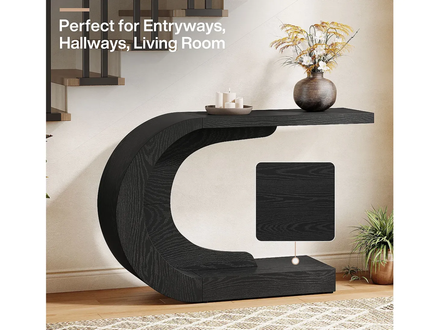 Mesa de entrada para console de 110 cm com armazenamento, mesa para trás do sofá em formato de C único em preto
