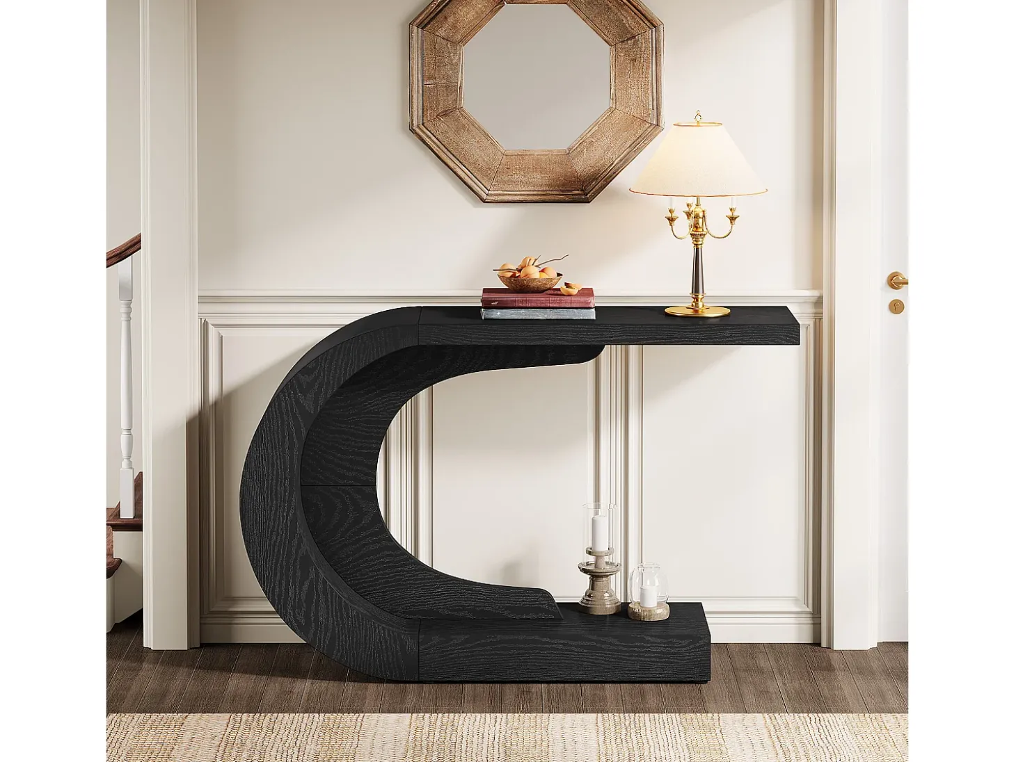 Mesa de entrada para console de 110 cm com armazenamento, mesa para trás do sofá em formato de C único em preto
