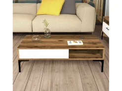 Mesa de estar Djagiell, Mesa de café, Suporte de revistas para sofá, Prateleira para sala de estar, 105x60h33 cm, Noz e Branco
