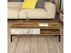 Mesa de estar Djagiell, Mesa de café, Suporte de revistas para sofá, Prateleira para sala de estar, 105x60h33 cm, Noz e Branco