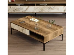Mesa de estar Djagiell, Mesa de café, Suporte de revistas para sofá, Prateleira para sala de estar, 105x60h33 cm, Noz e Branco