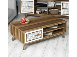 Mesa de estar Dmorgant, Mesa de café, Porta-revista para sofá, Prateleira para sala, 105x60h38 cm, Nogueira e Branco