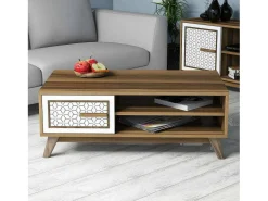 Mesa de estar Dmorgant, Mesa de café, Porta-revista para sofá, Prateleira para sala, 105x60h38 cm, Nogueira e Branco