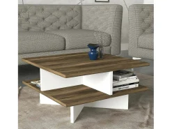 Mesa de estar Dpalmier, Mesa baixa para café, Porta-revistas para sofá, Prateleira para sala de estar, 60x60h31 cm, Noz e Branco