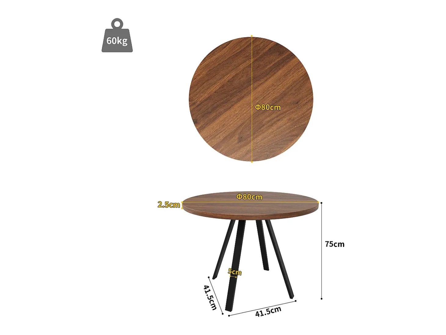Mesa de jantar redonda 80 × 80 × 75 cm, mesa de cozinha, mesa de centro para 4 pessoas, madeira