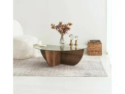 Mesa de salTto Dpere, Mesa de café, Porta-revistas para sofá, Prateleira para sala de estar, 90x90h30 cm, Noz