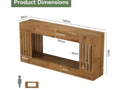 Mesa de Sofá de Madeira Sólida de 160cm, Mesa de Consola Rustica atrás do Sofá com Pernas de Listras Verticais, 2 Andares