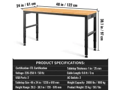 Mesa de Trabalho Ajustável SucceBuy, 122x61x97 cm, com Tomada de Corrente, para Escritório, Casa, Garagem