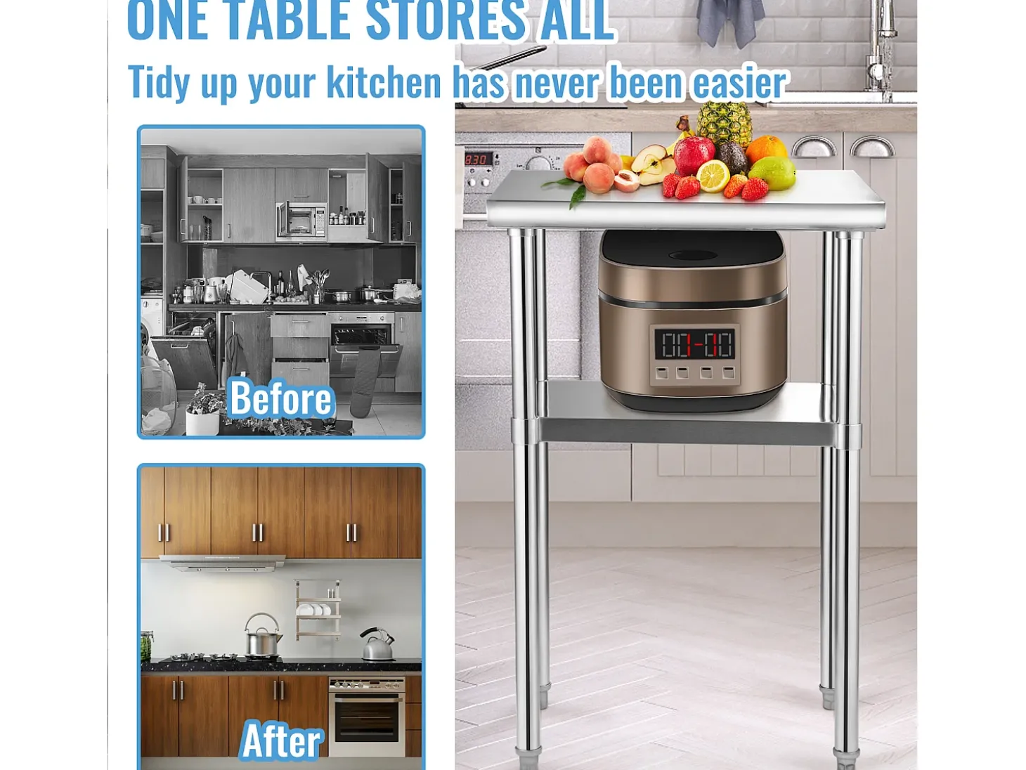 Mesa de Trabalho de Aço Inox SucceBuy, 61 x 46 x 91 cm, Mesa de Preparação de Alimentos Comercial