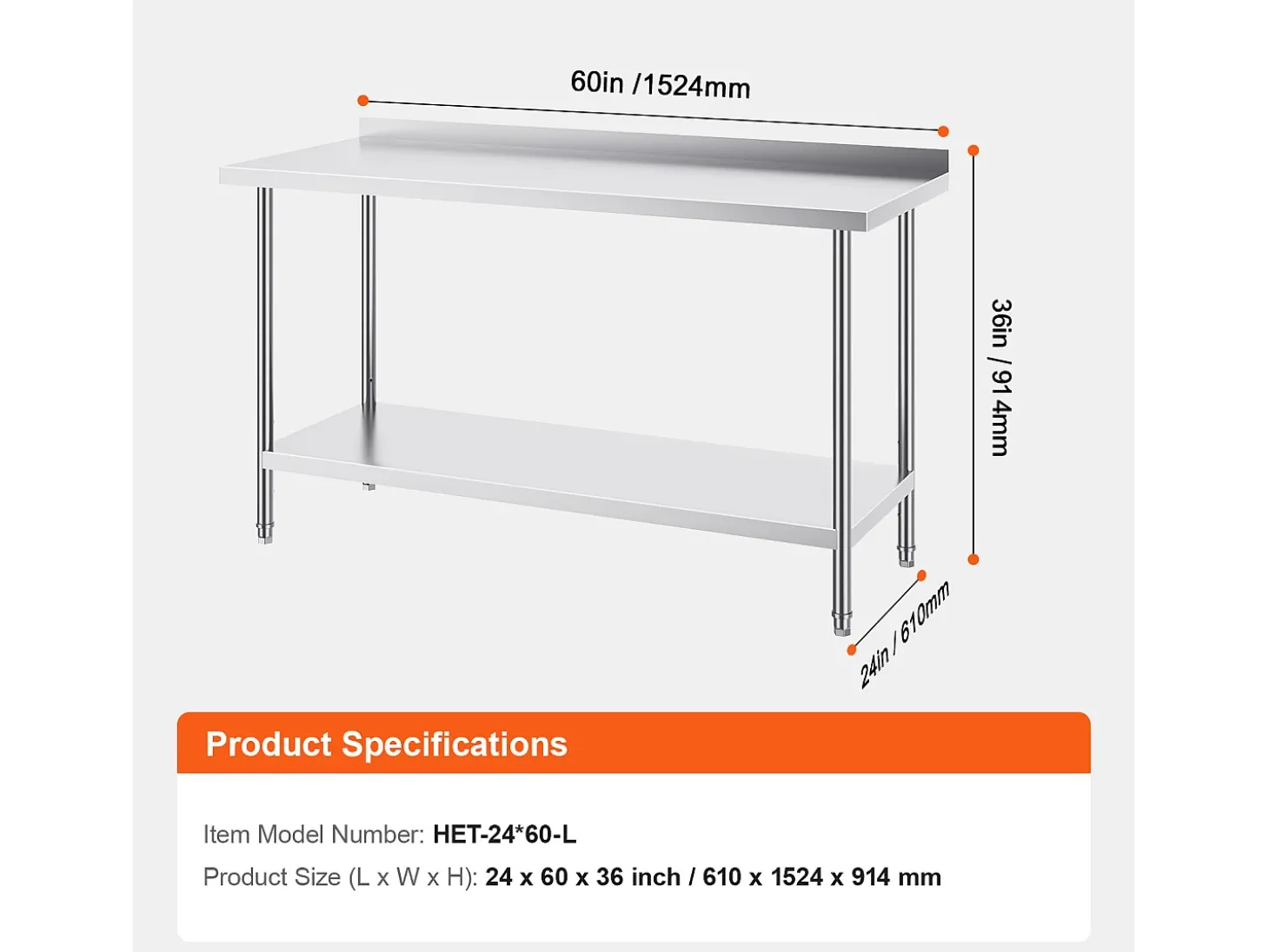Mesa de Trabalho de Cozinha SucceBuy, Mesa de Trabalho em Aço Inoxidável 60.96x152.4 cm, Comercial