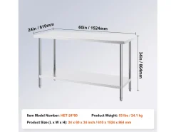 Mesa de Trabalho de Cozinha SucceBuy 61 x 152 x 86 cm, Posto de Trabalho Alimentar Comercial