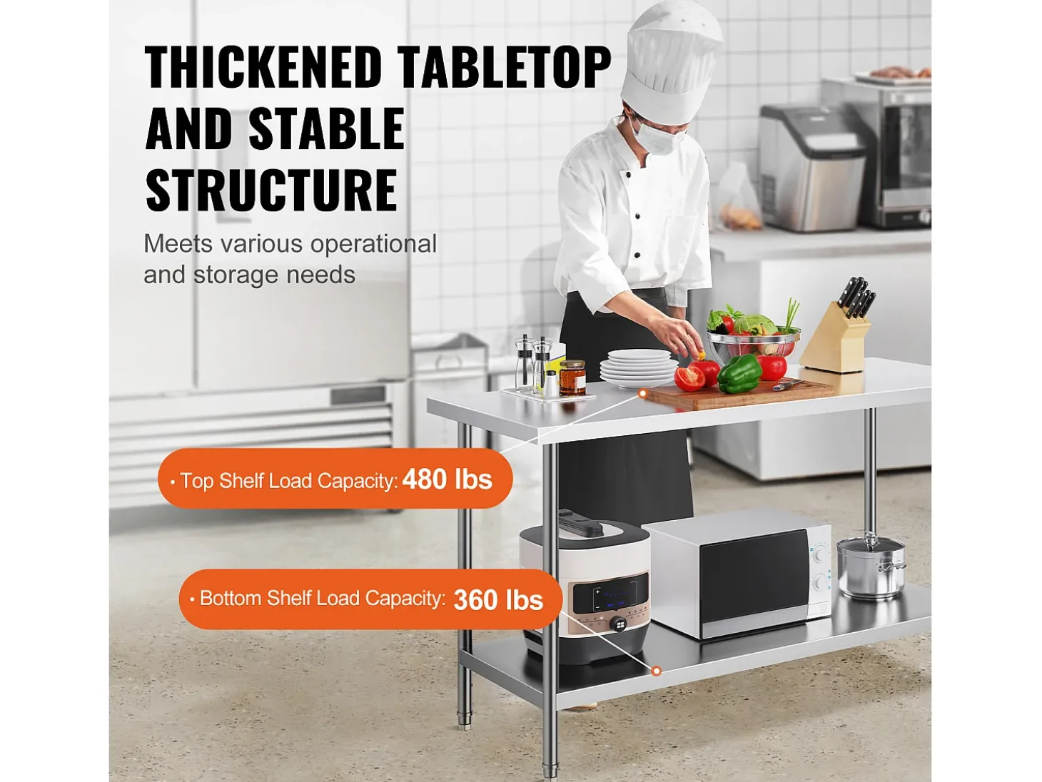 Mesa de Trabalho de Cozinha SucceBuy 61 x 152 x 86 cm, Posto de Trabalho Alimentar Comercial