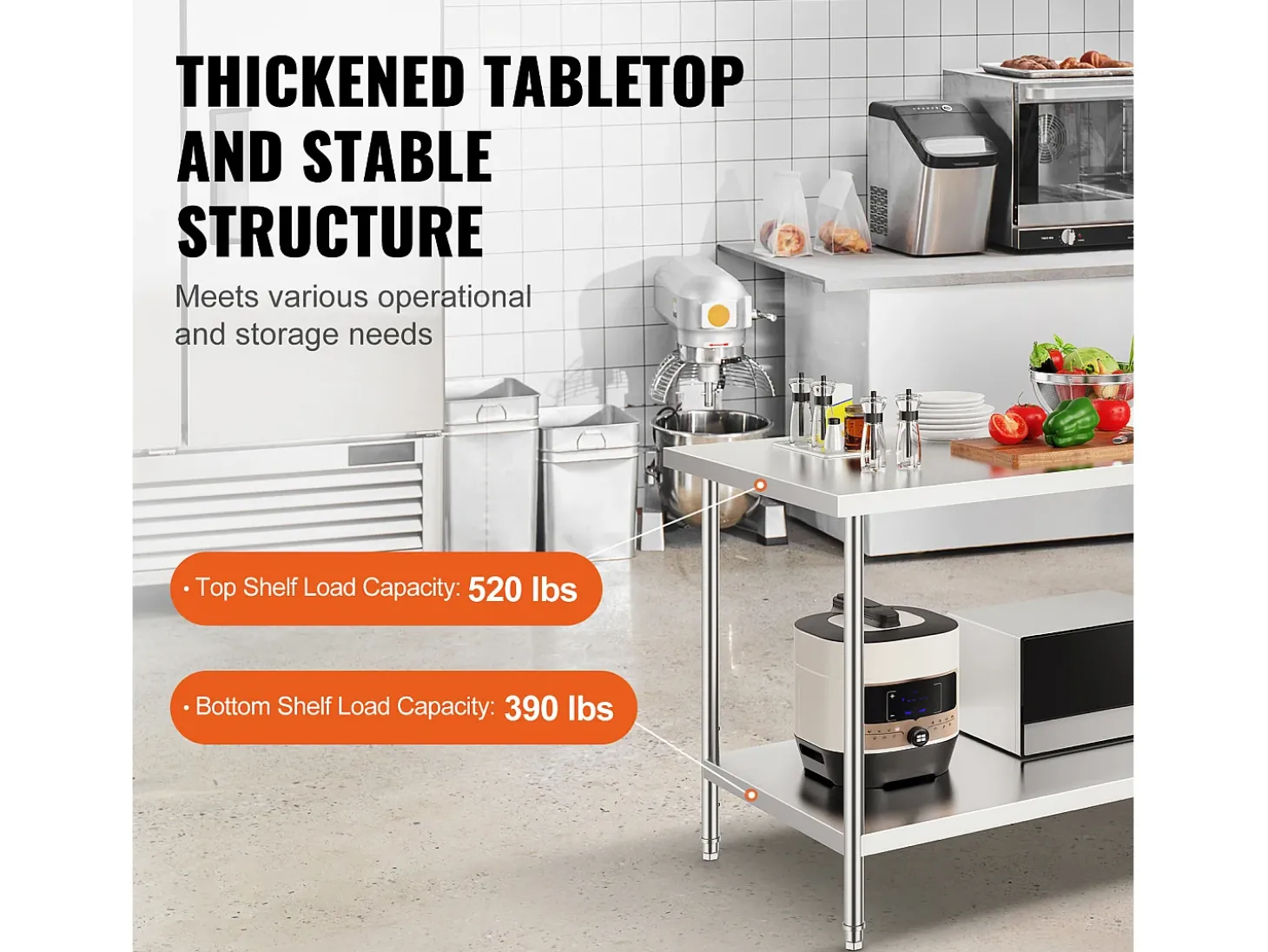 Mesa de Trabalho de Cozinha SucceBuy 76.2x152.4x86.36 cm, Posto de Trabalho Alimentar Comercial