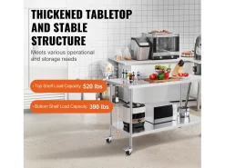 Mesa de Trabalho de Cozinha SucceBuy 76 x 152 cm, Mesa de Trabalho em Aço Inoxidável com 4 Rodas