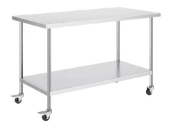 Mesa de Trabalho de Cozinha SucceBuy 76 x 152 cm, Mesa de Trabalho em Aço Inoxidável com 4 Rodas