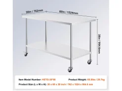 Mesa de Trabalho de Cozinha SucceBuy 76 x 152 cm, Mesa de Trabalho em Aço Inoxidável com 4 Rodas