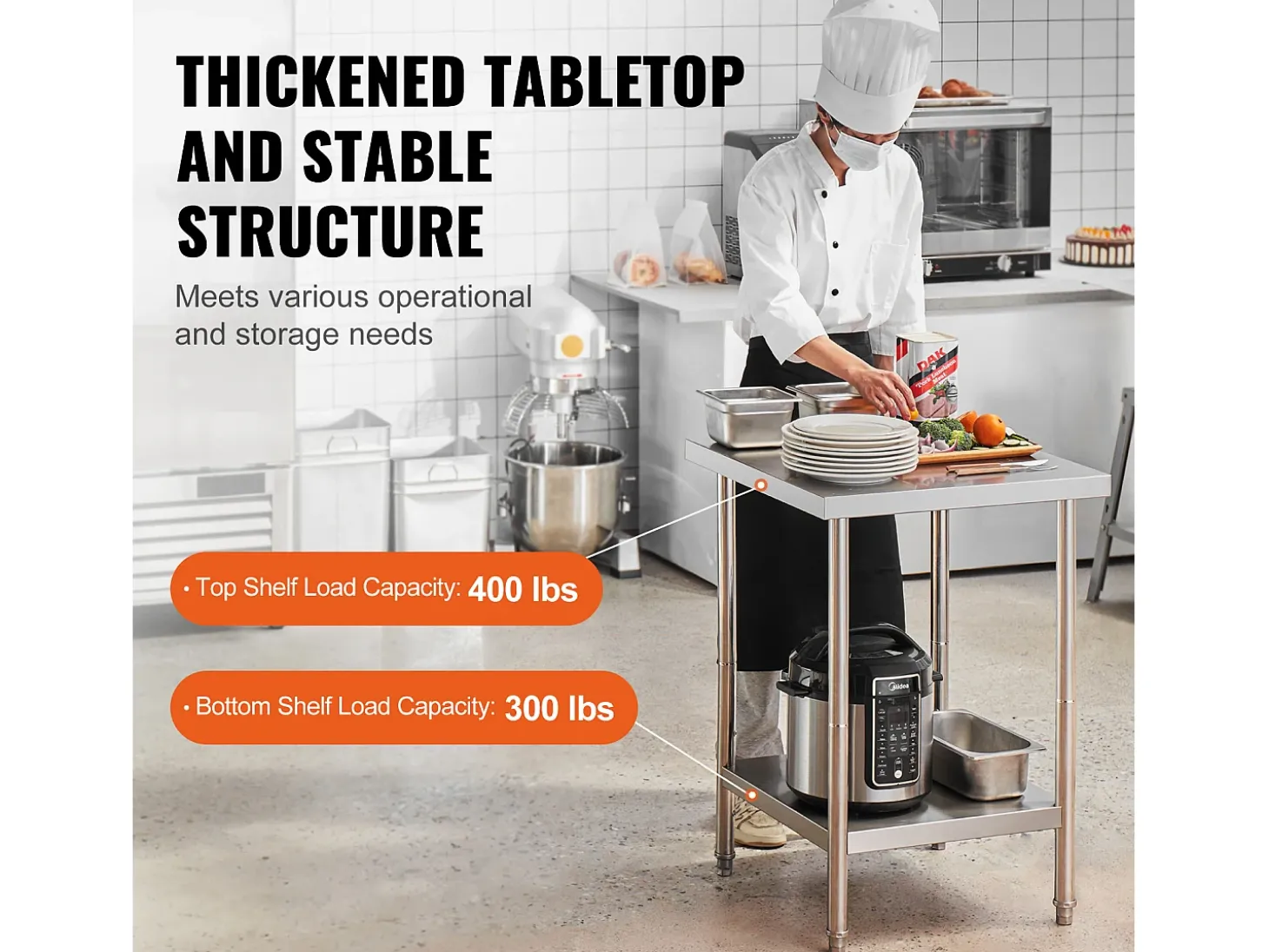 Mesa de Trabalho de Cozinha SucceBuy 60.96x60.96x86.36 cm, Posto de Trabalho Alimentar Comercial