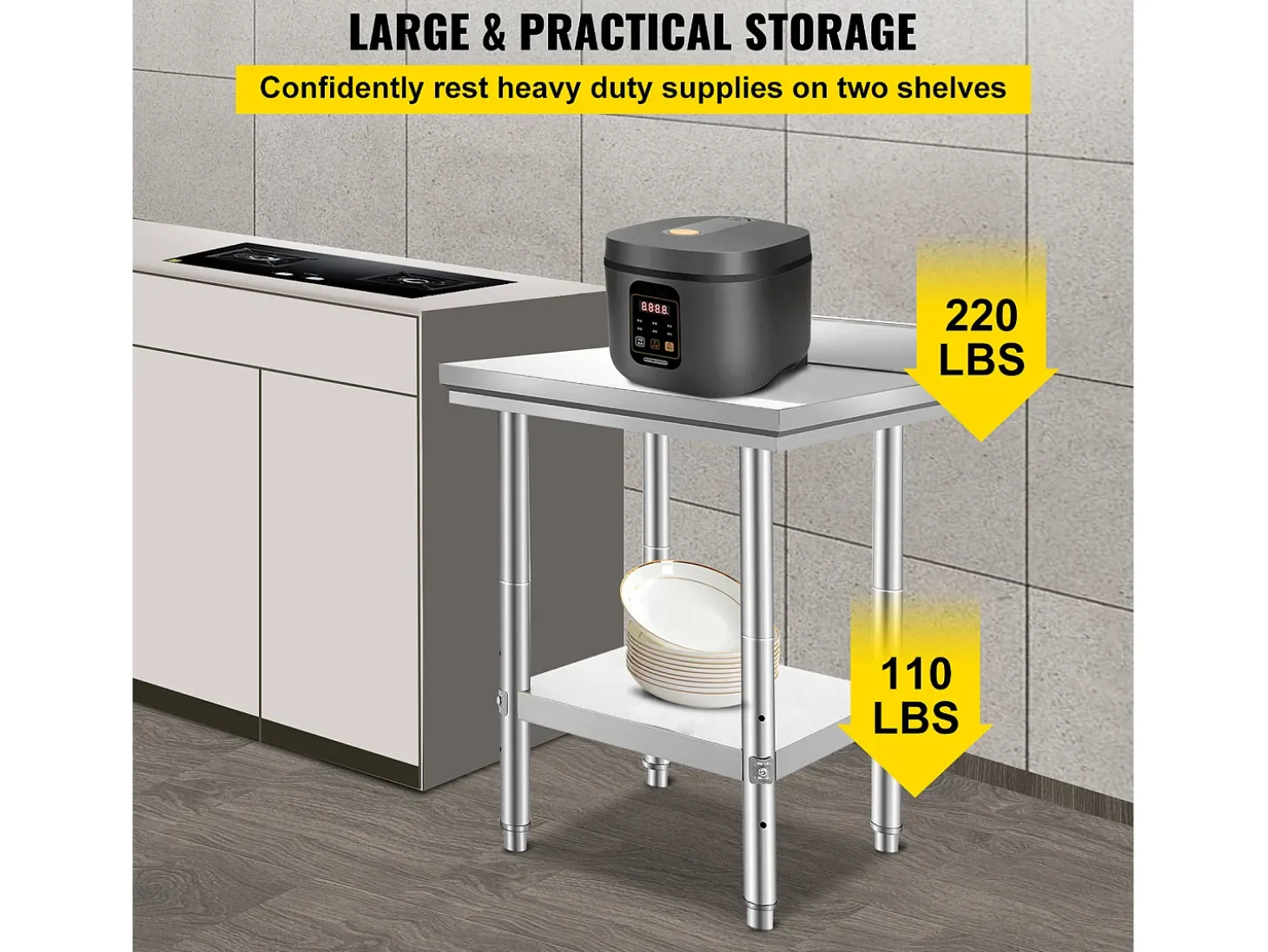 Mesa de Trabalho de Cozinha em Aço Inoxidável SucceBuy, Mesa de Preparação de Alimentos 60.96x60.96 cm