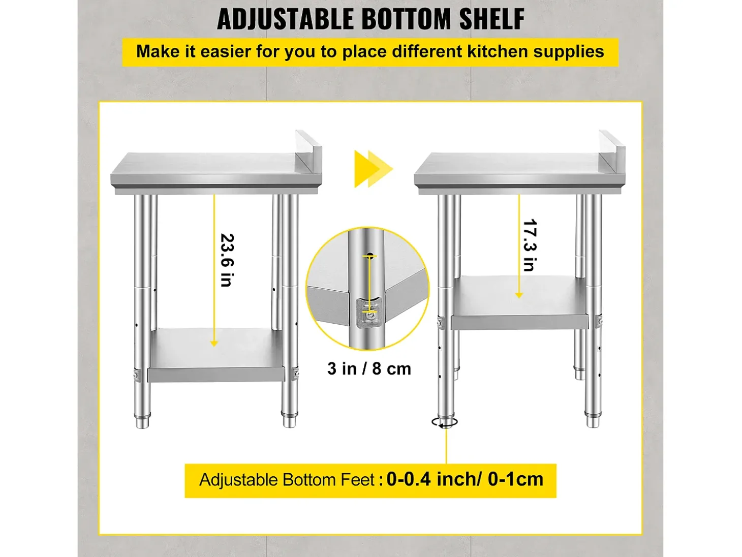 Mesa de Trabalho de Cozinha em Aço Inoxidável SucceBuy, Mesa de Preparação de Alimentos 60.96x60.96 cm