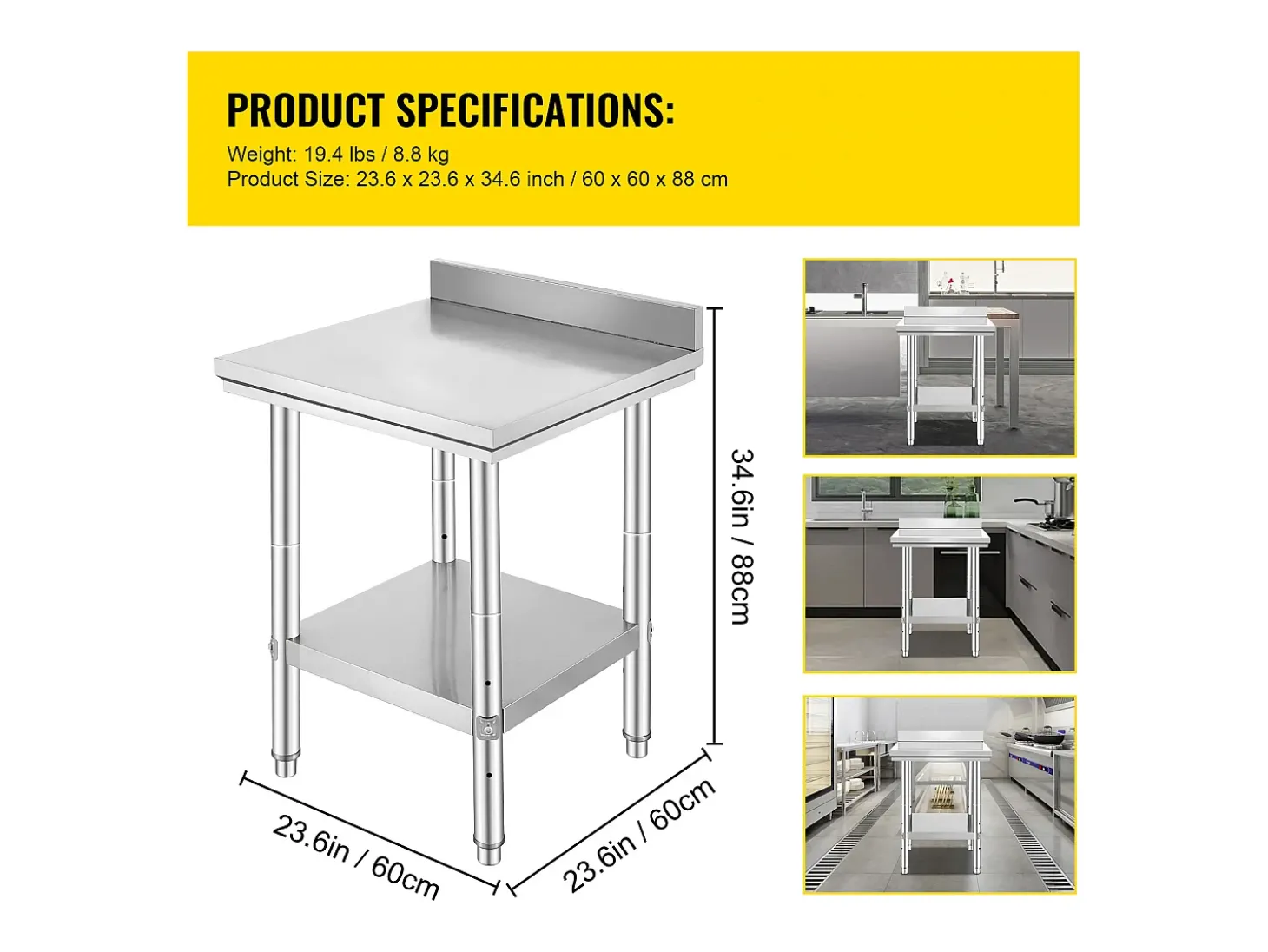 Mesa de Trabalho de Cozinha em Aço Inoxidável SucceBuy, Mesa de Preparação de Alimentos 60.96x60.96 cm