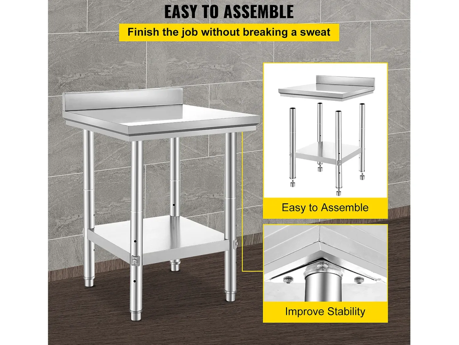 Mesa de Trabalho de Cozinha em Aço Inoxidável SucceBuy, Mesa de Preparação de Alimentos 60.96x60.96 cm