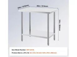 Mesa de Trabalho de Cozinha SucceBuy 60.96x91.44x86.36 cm, Mesa de Preparação de Trabalho em Aço Inoxidável