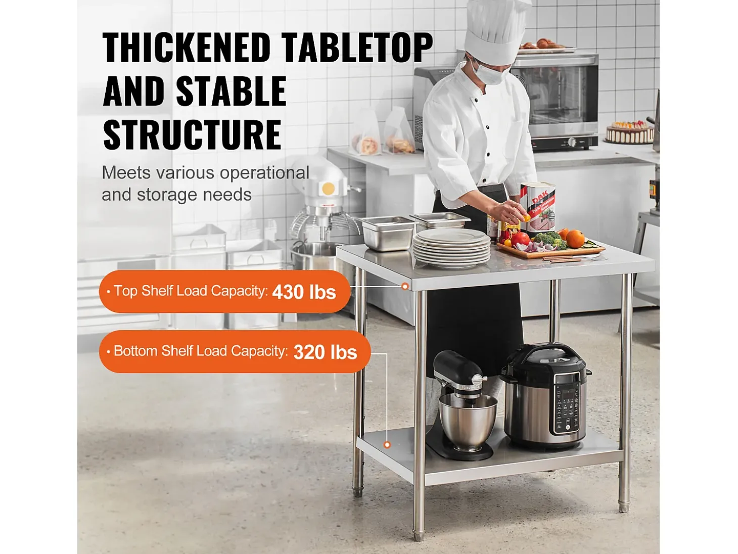 Mesa de Trabalho de Cozinha SucceBuy 60.96x91.44x86.36 cm, Mesa de Preparação de Trabalho em Aço Inoxidável