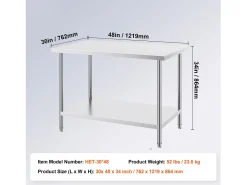 Mesa de Trabalho de Preparação em Aço Inoxidável SucceBuy, 762 x 1219 x 864 mm, Estação de Trabalho Comercial para Alimentos