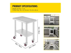 Mesa de Trabalho em Aço Inoxidável SucceBuy, 76x46x86 cm, Capacidade de Carga 100 kg, 4 Rodízios, para Cozinha Comercial, Restaurante