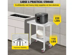 Mesa de Trabalho em Aço Inoxidável SucceBuy, 76x46x86 cm, Capacidade de Carga 100 kg, 4 Rodízios, para Cozinha Comercial, Restaurante